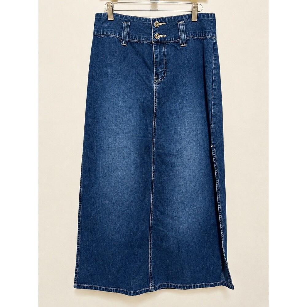 Squeeze Women’s Blue Solid Denim Long Straight Skirt 11/12 Button Side Slits